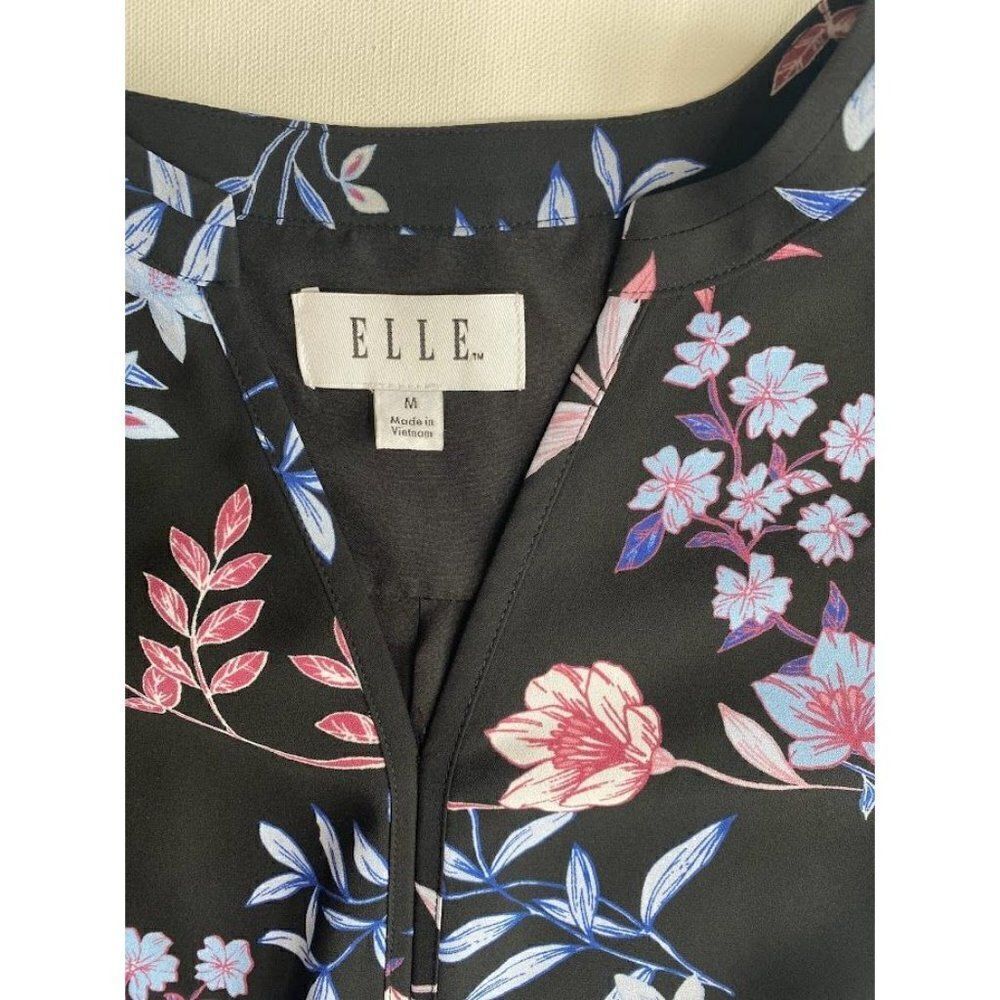 ELLE Black Pink Floral Split Neckline A Line Dress Sz Medium - Picture 7 of 8